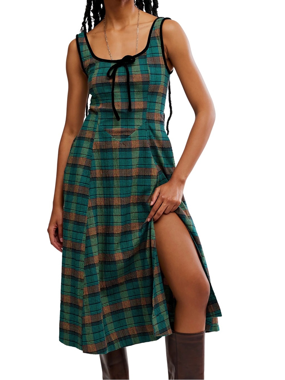 Free People Freya Plaid Bow Midi Dress